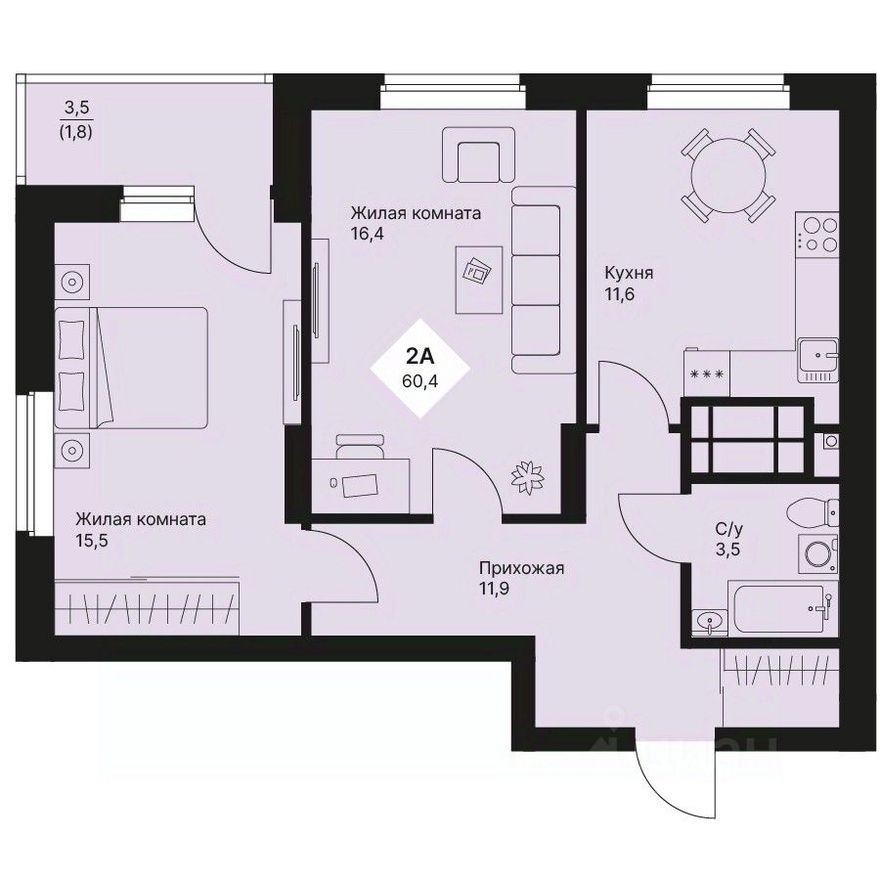 2к. квартира, 60.4 м²