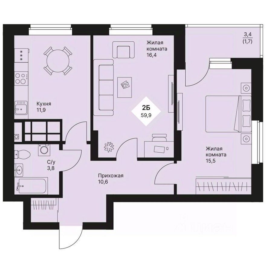 2к. квартира, 59.9 м²