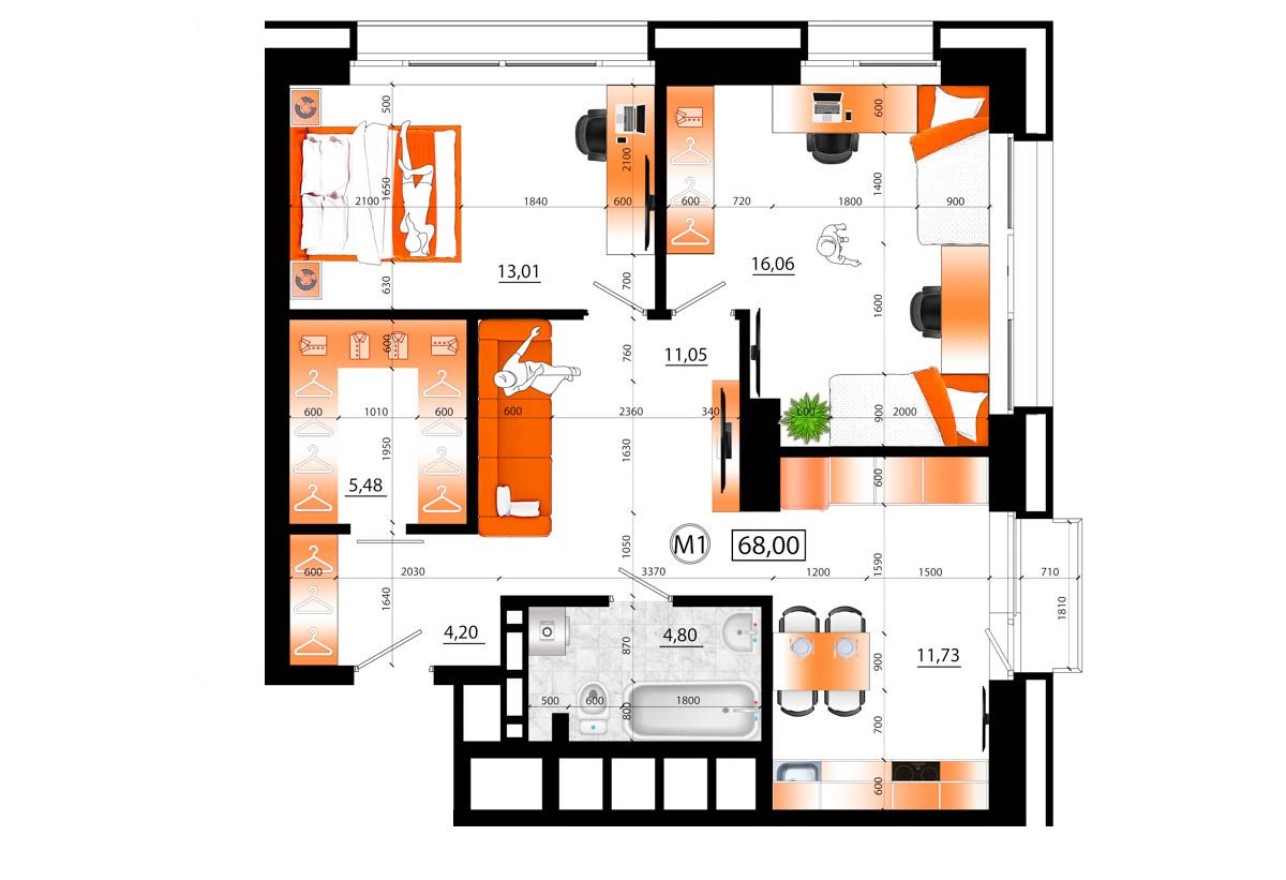 3к. квартира, 68.0 м²