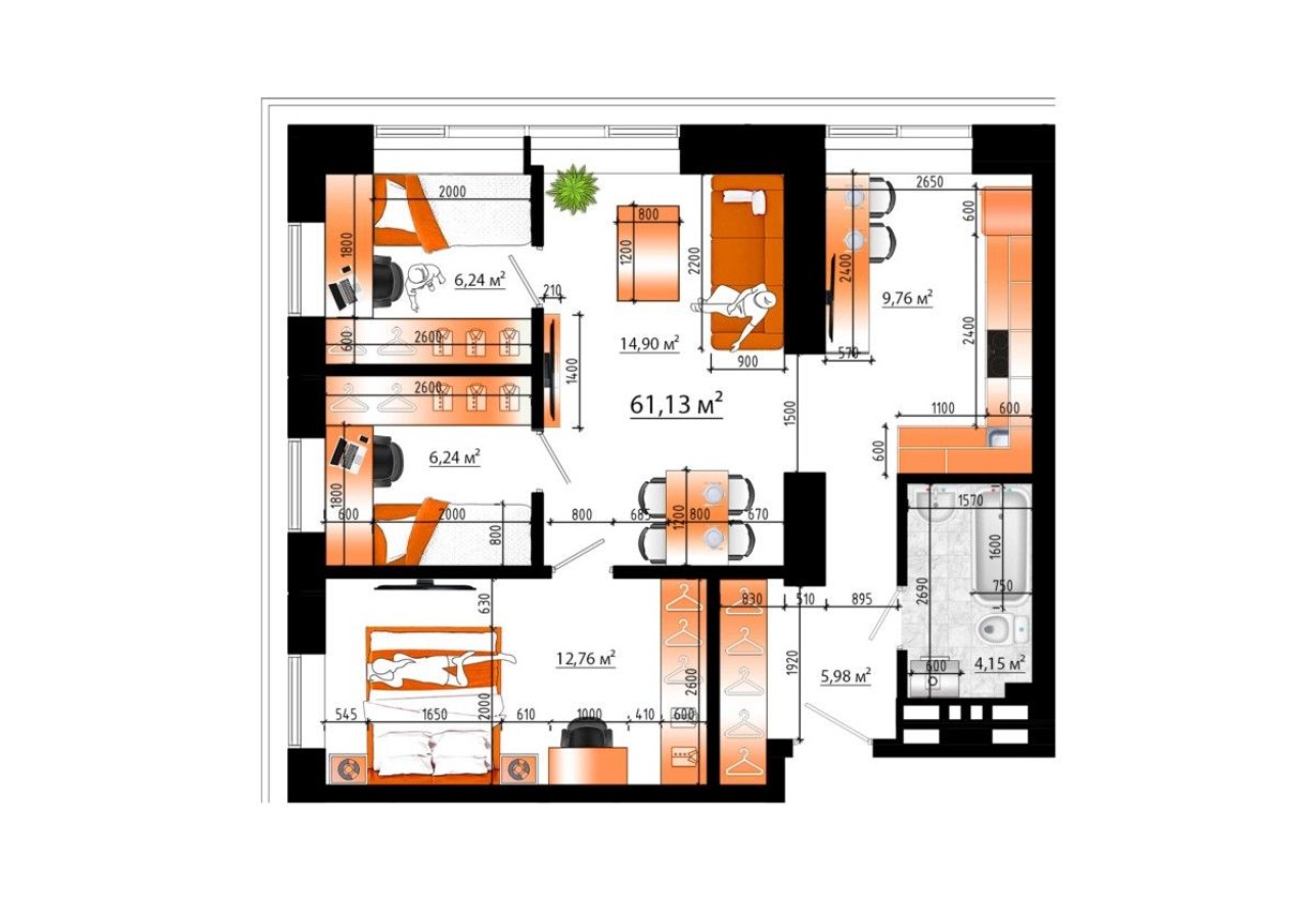 3к. квартира, 61.1 м²