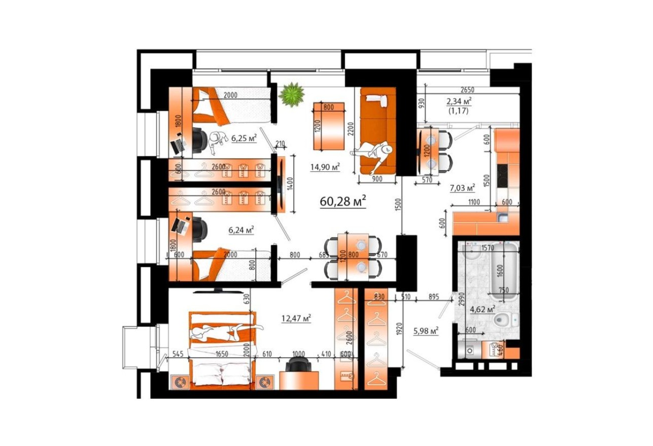 3к. квартира, 60.3 м²