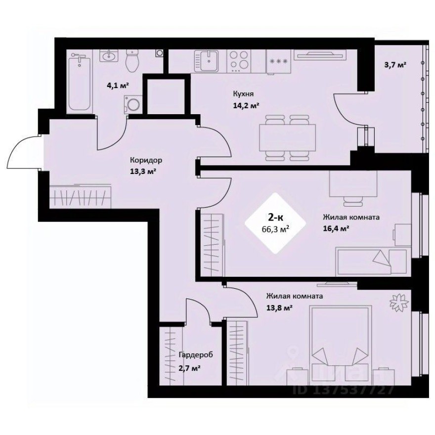 2к. квартира, 66.2 м²