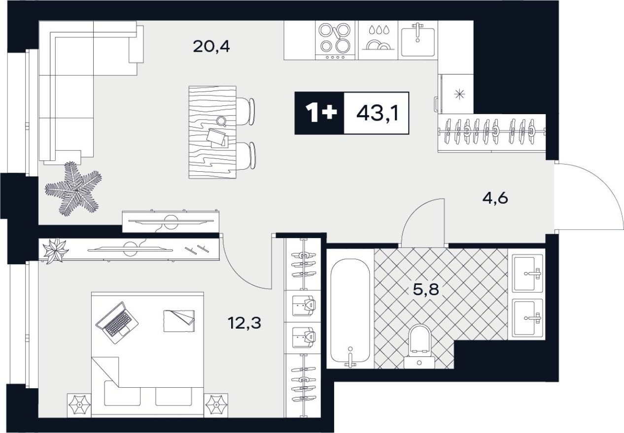 1к. квартира, 43.1 м²