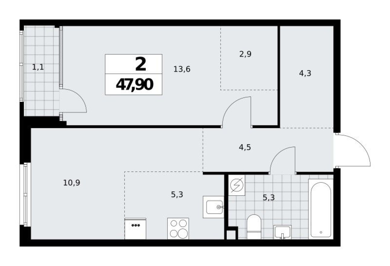 2к. квартира, 47.9 м²