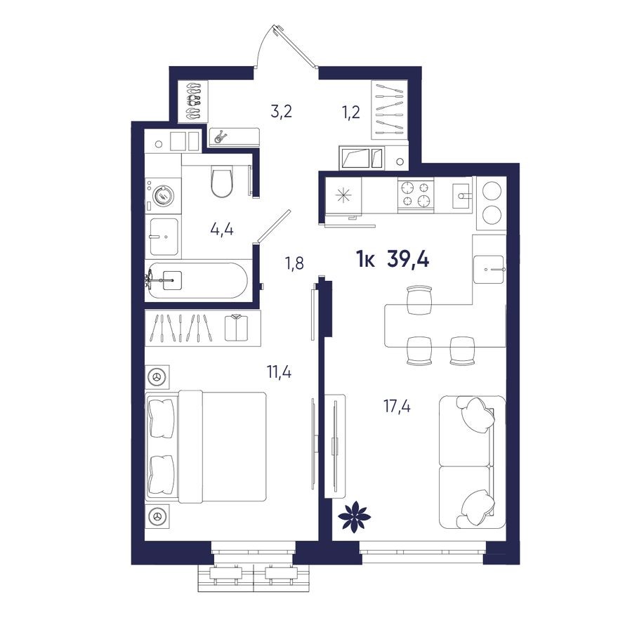 1к. квартира, 39.4 м²
