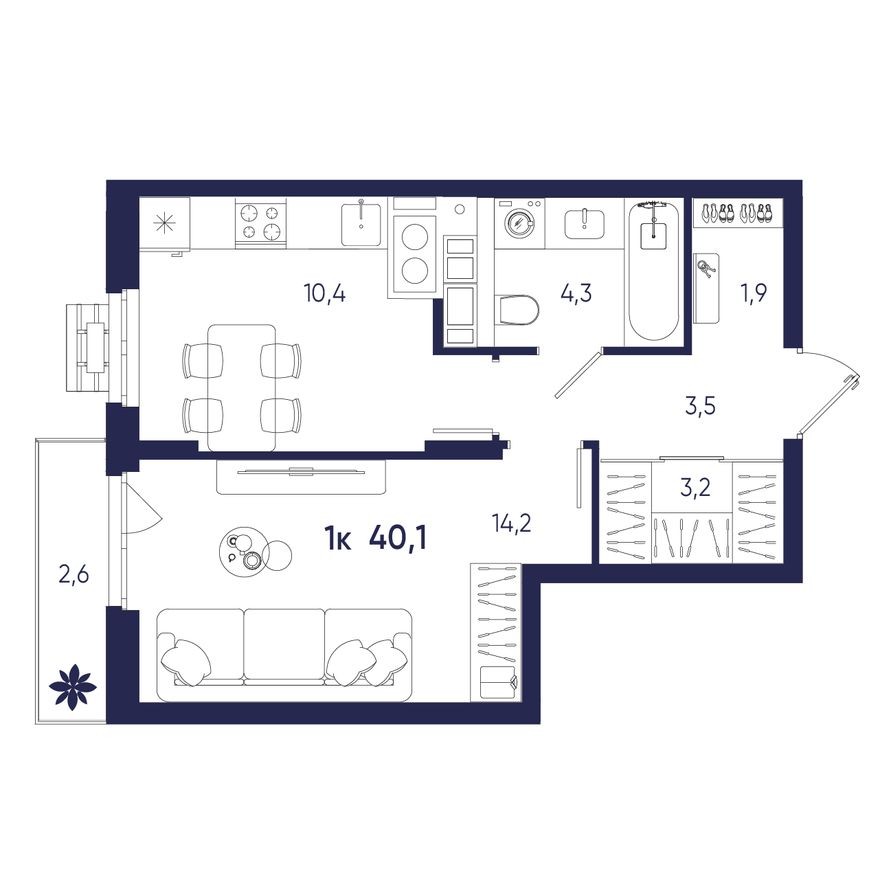 1к. квартира, 40.1 м²