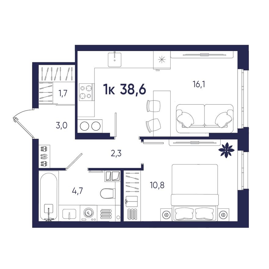 1к. квартира, 38.6 м²