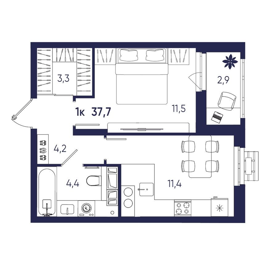 1к. квартира, 37.7 м²