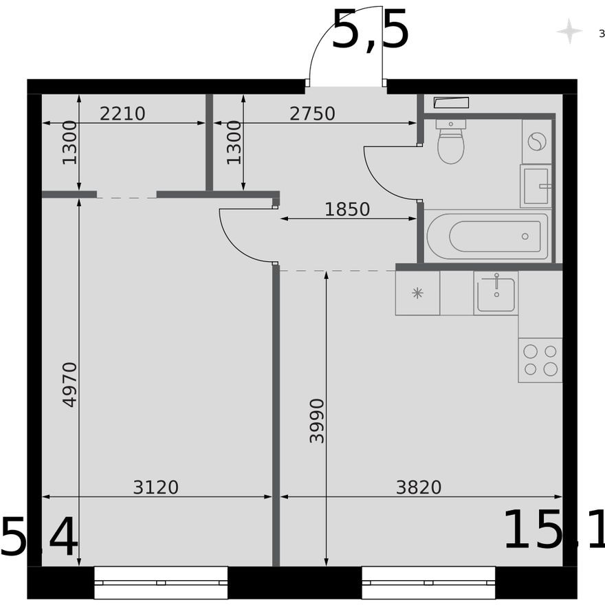 1к. квартира, 42.3 м²
