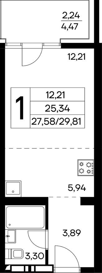 1к. квартира, 29.8 м²