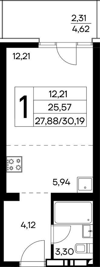 1к. квартира, 30.2 м²