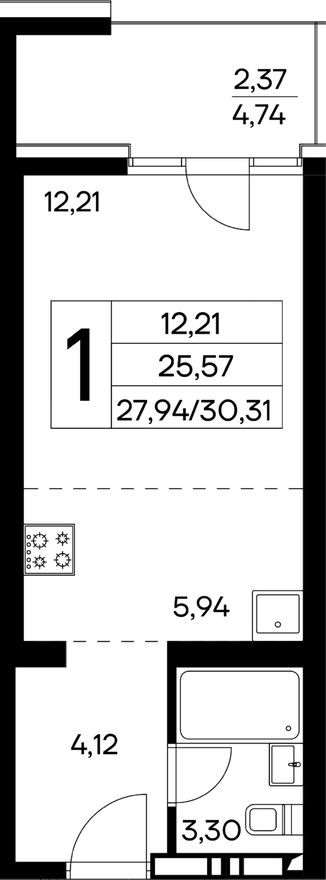 1к. квартира, 30.3 м²