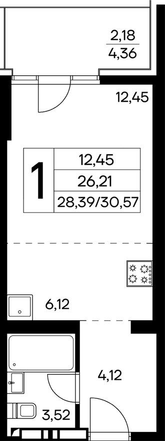 1к. квартира, 30.6 м²