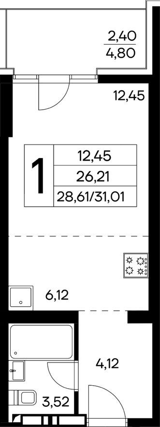 1к. квартира, 31.0 м²