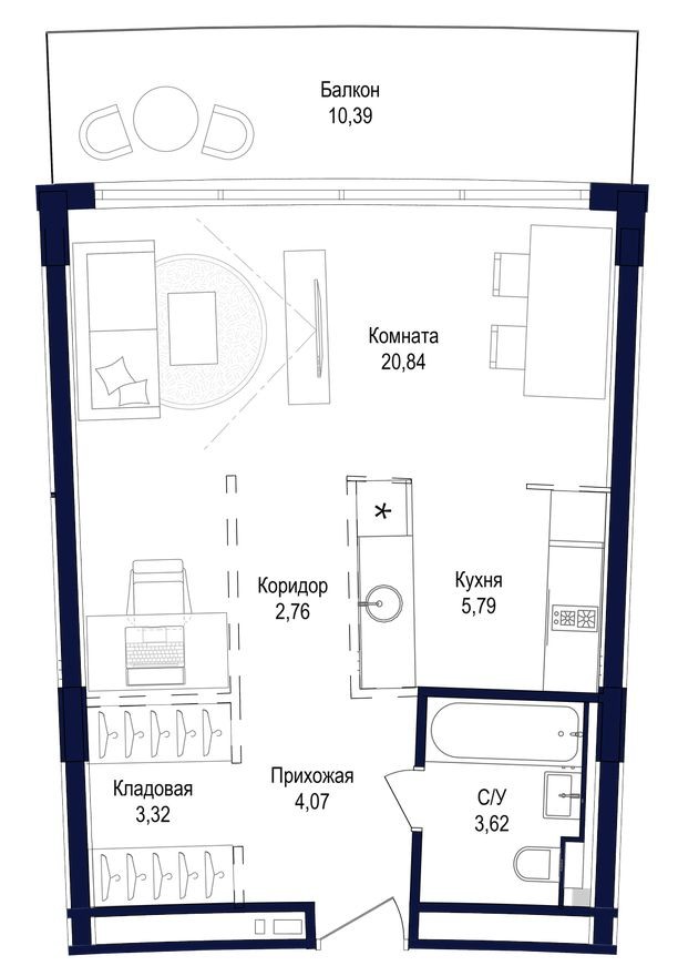Студия-квартира, 50.8 м²