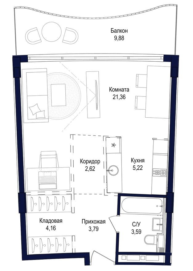 Студия-квартира, 50.6 м²