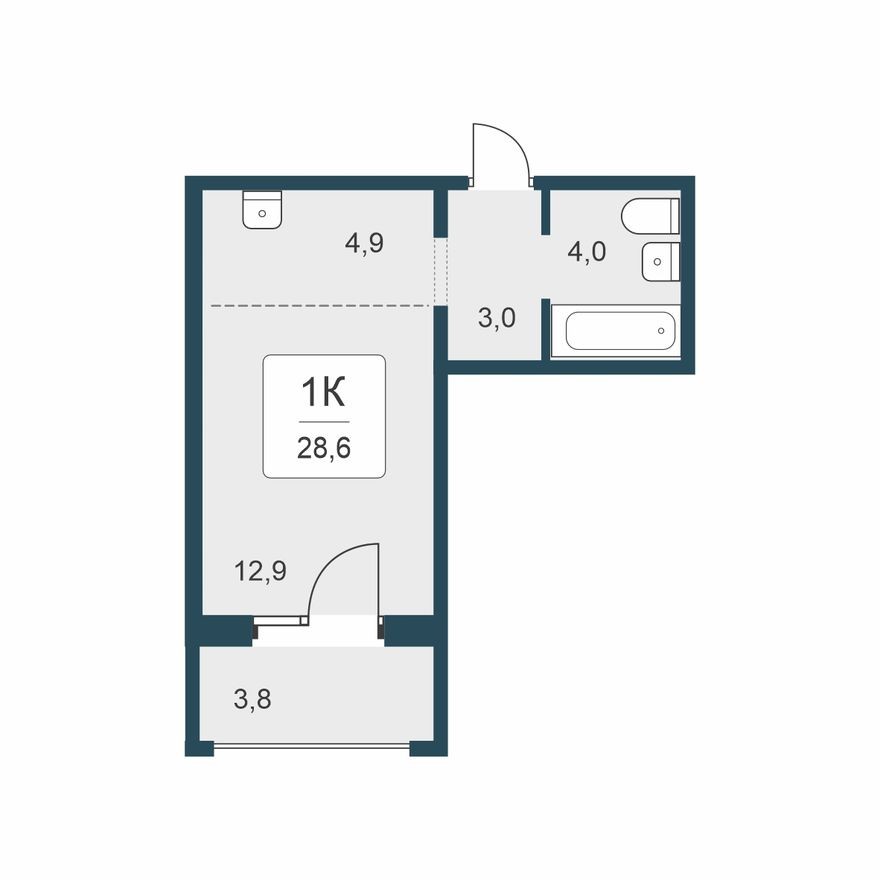 1к. квартира, 28.6 м²