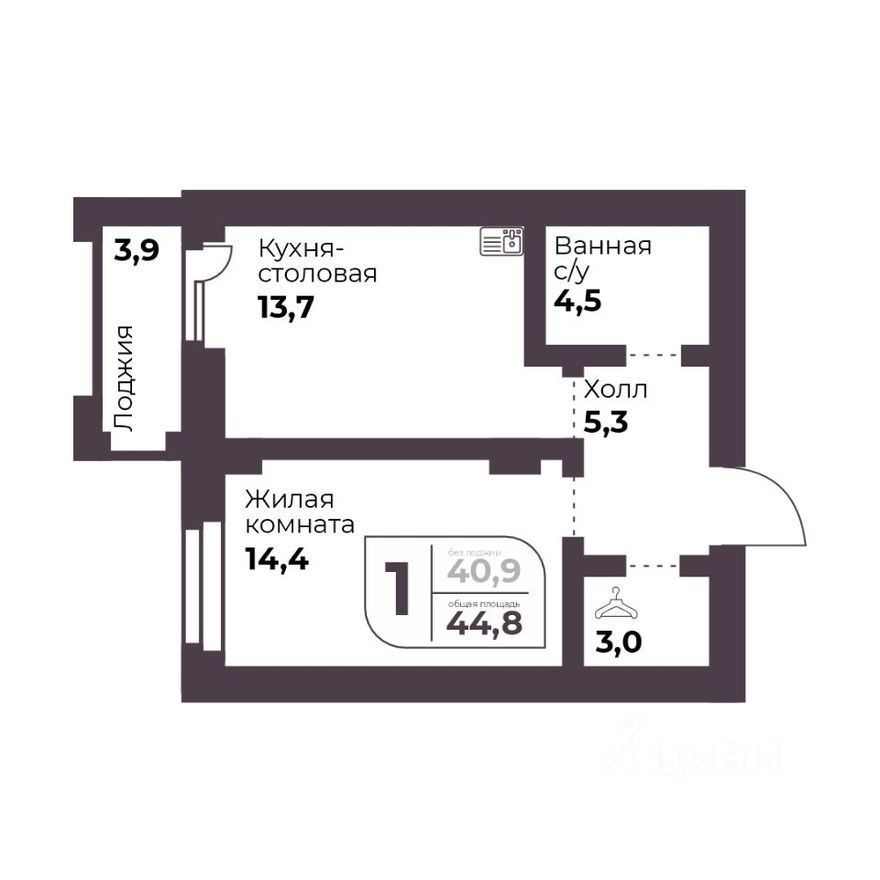 1к. квартира, 40.9 м²