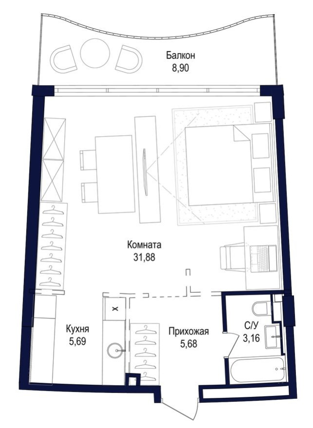 Студия-квартира, 55.3 м²
