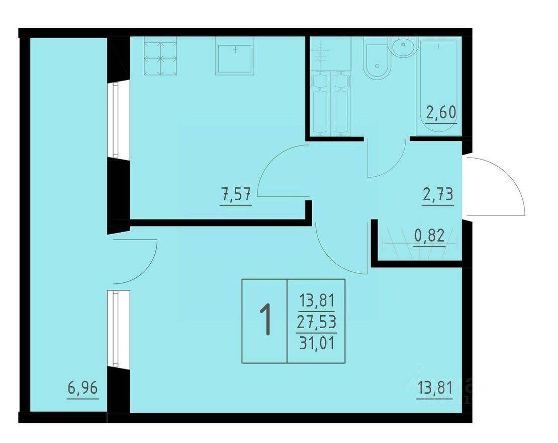 1к. квартира, 31.0 м²