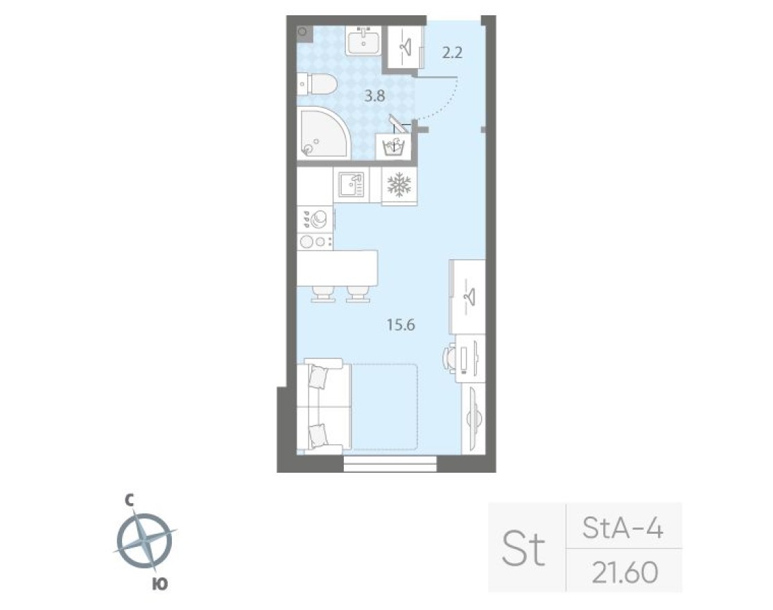 Студия-квартира, 21.6 м²