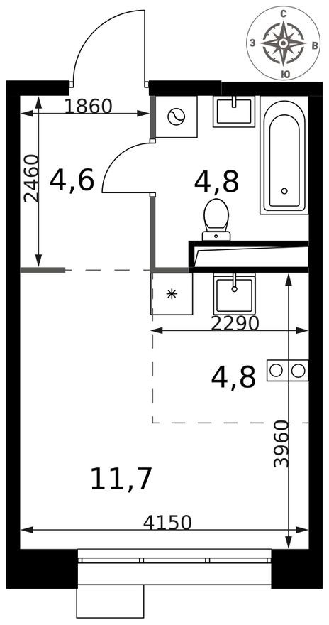 Студия-квартира, 25.9 м²