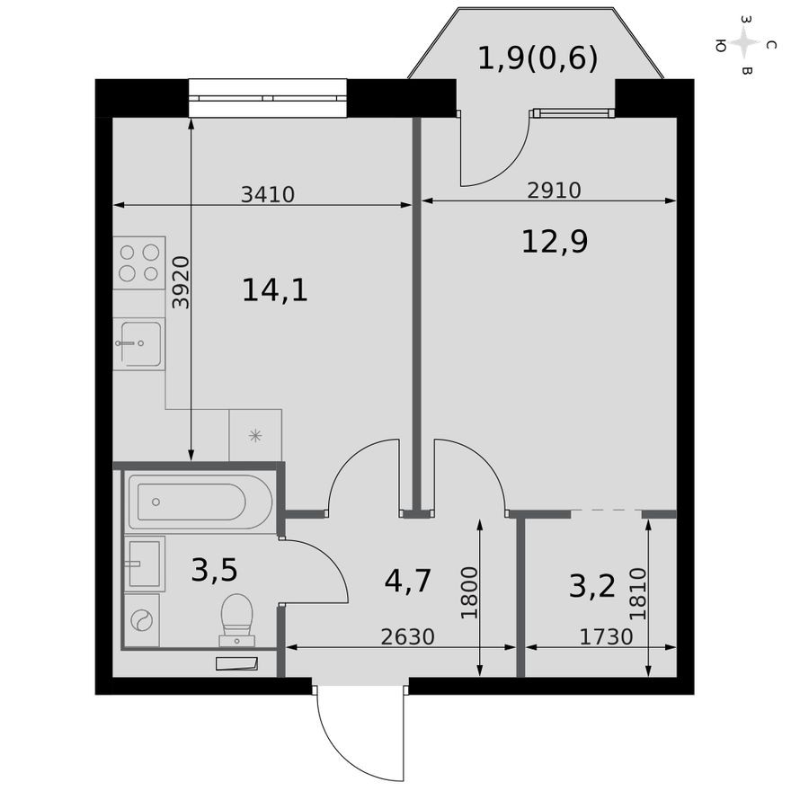 1к. квартира, 39.0 м²