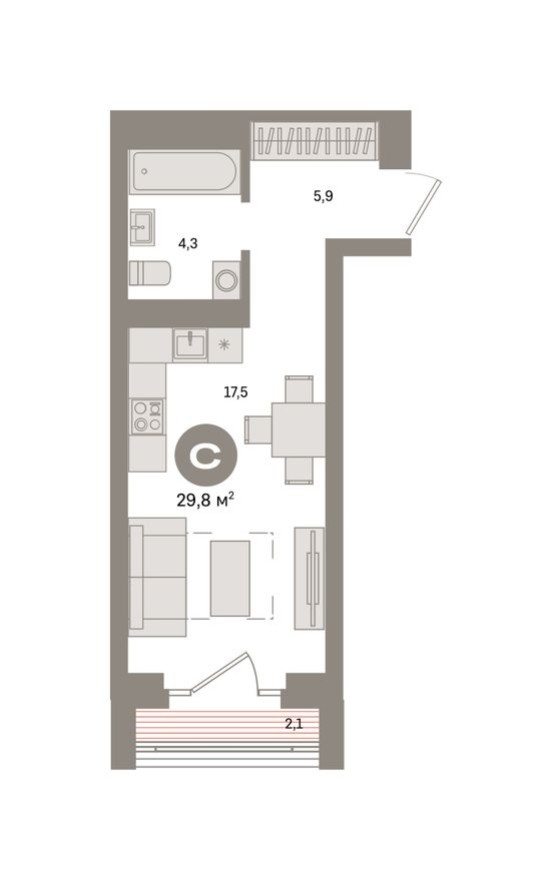 Студия-квартира, 29.8 м²