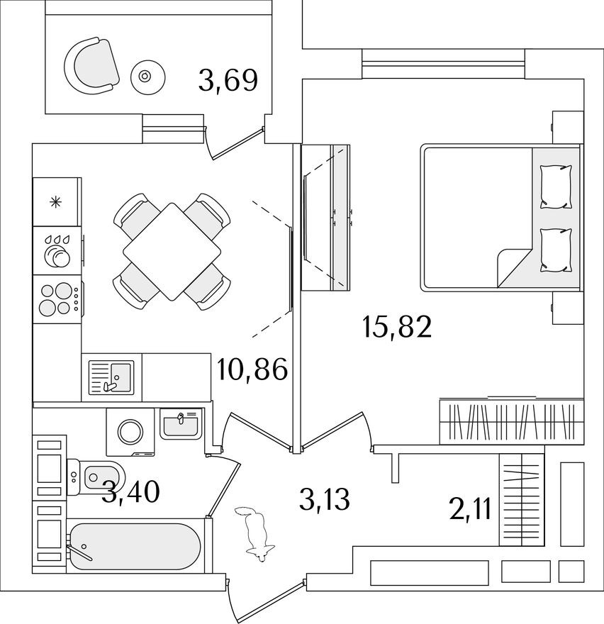 1к. квартира, 39.0 м²