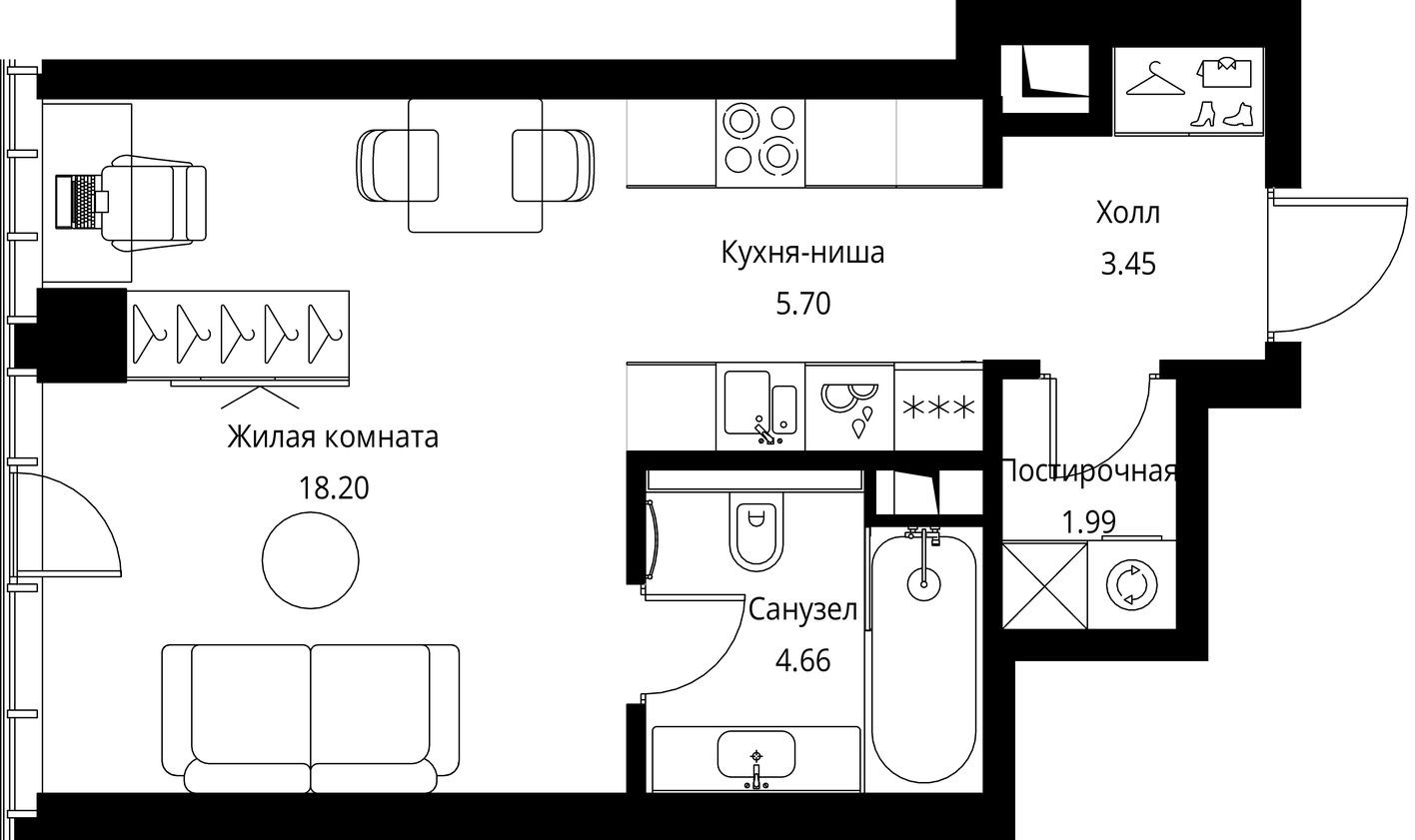 Студия-квартира, 34.0 м²