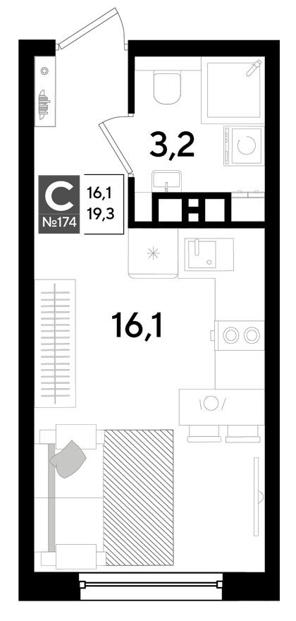 Студия-квартира, 19.3 м²