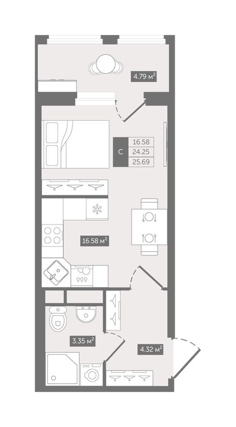 Студия-квартира, 25.7 м²