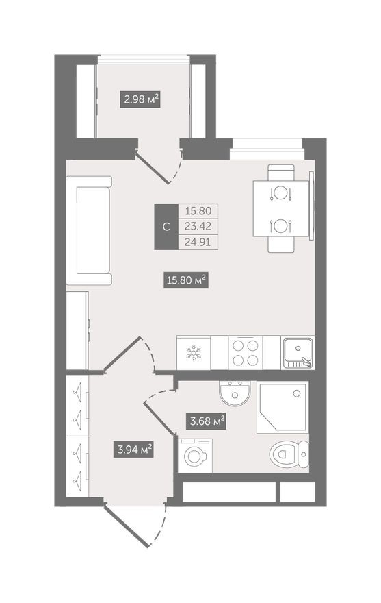 Студия-квартира, 24.9 м²