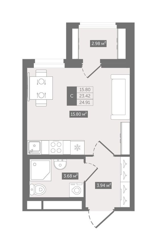 Студия-квартира, 24.9 м²