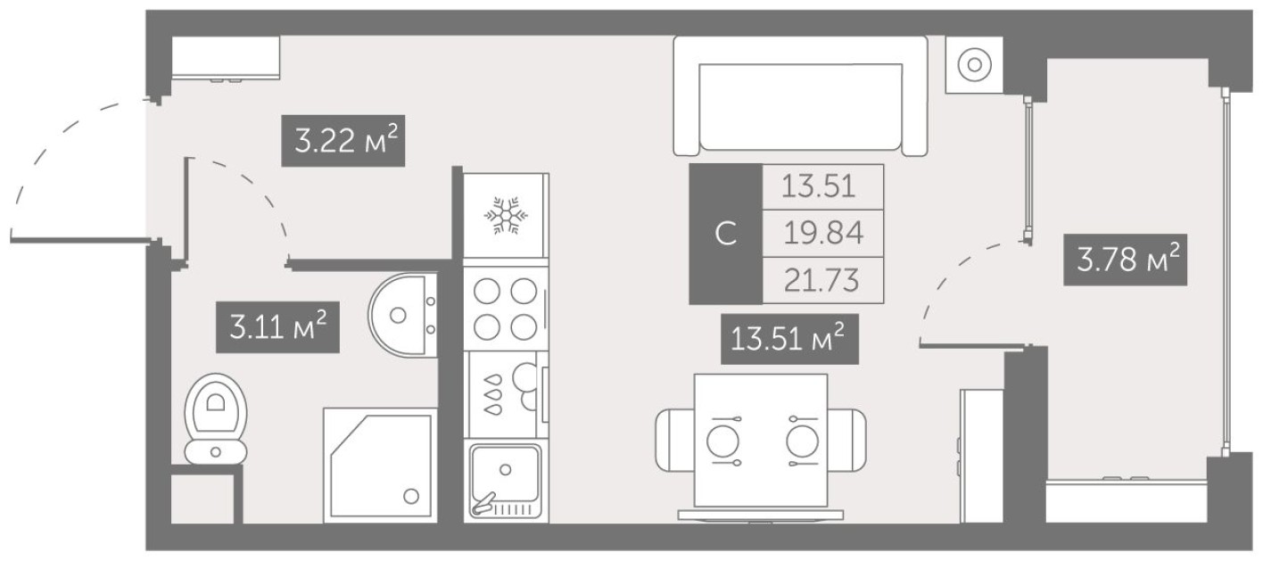 Планировка — Студия-квартира, 21.7 м²