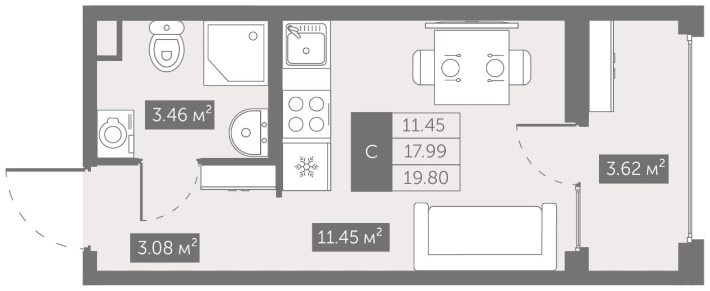 Студия-квартира, 19.8 м²