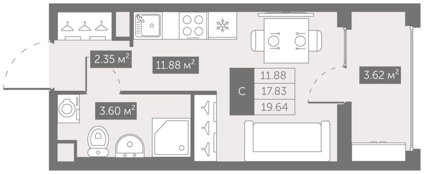 Студия-квартира, 19.6 м²