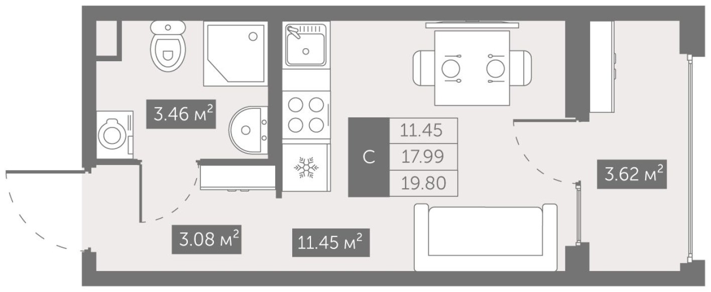 Студия-квартира, 19.8 м²
