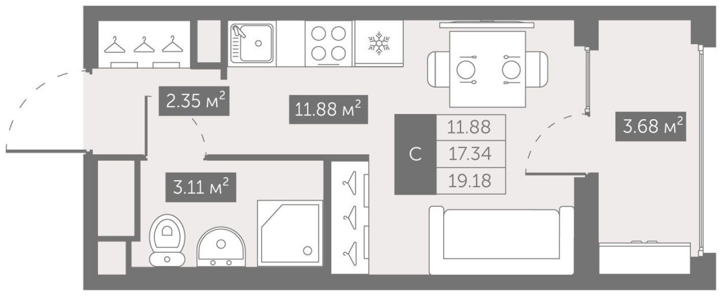 Студия-квартира, 19.2 м²