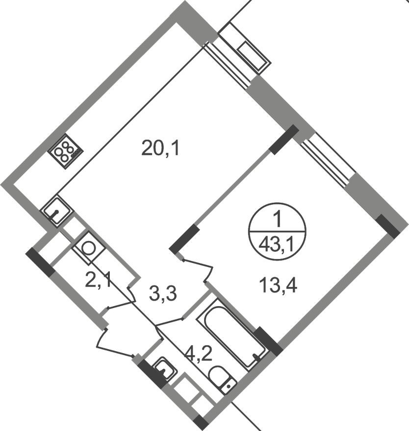 1к. квартира, 43.1 м²