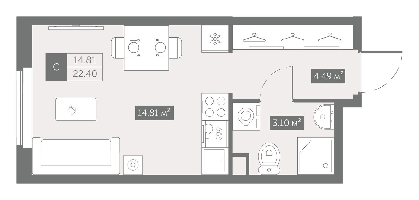Студия-квартира, 22.8 м²