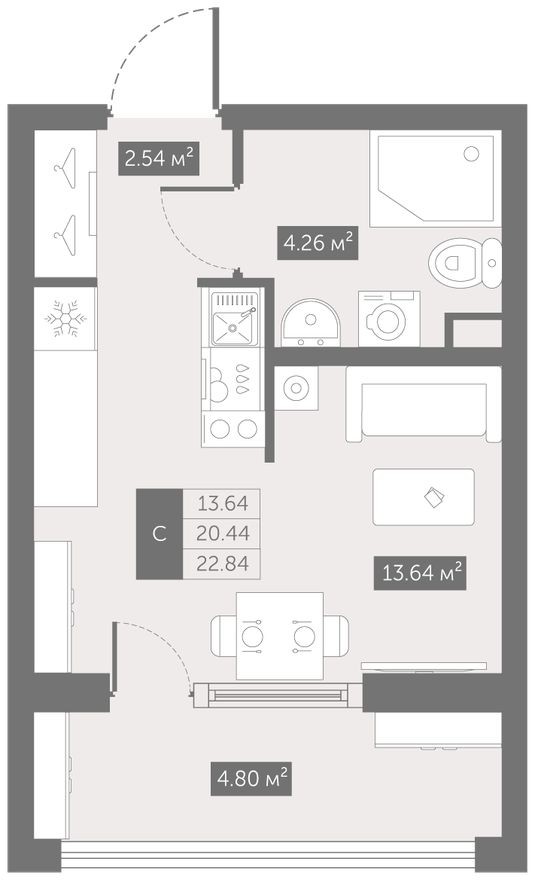 Планировка — Студия-квартира, 22.8 м²