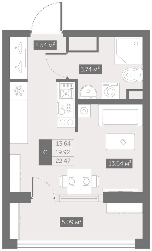 Студия-квартира, 22.5 м²