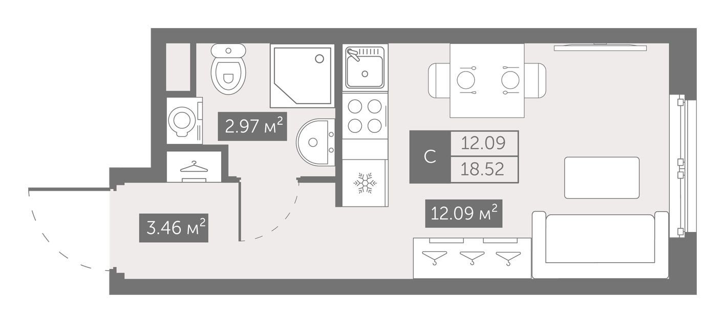 Студия-квартира, 18.5 м²