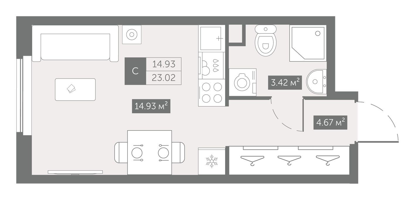 Студия-квартира, 23.0 м²