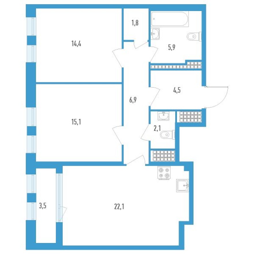 Планировка — 2к. квартира, 74.6 м²