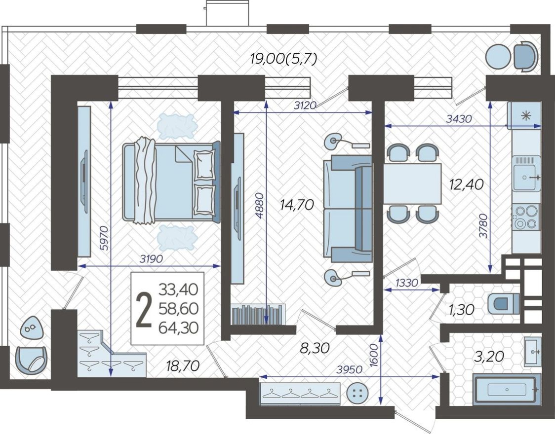 2к. квартира, 64.3 м²