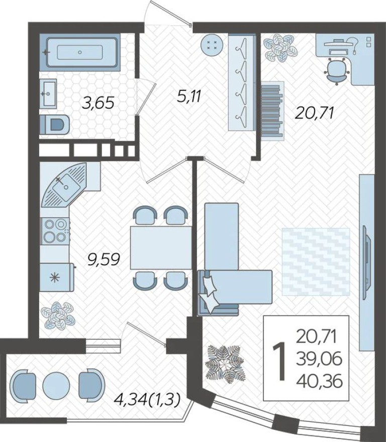 1к. квартира, 40.4 м²