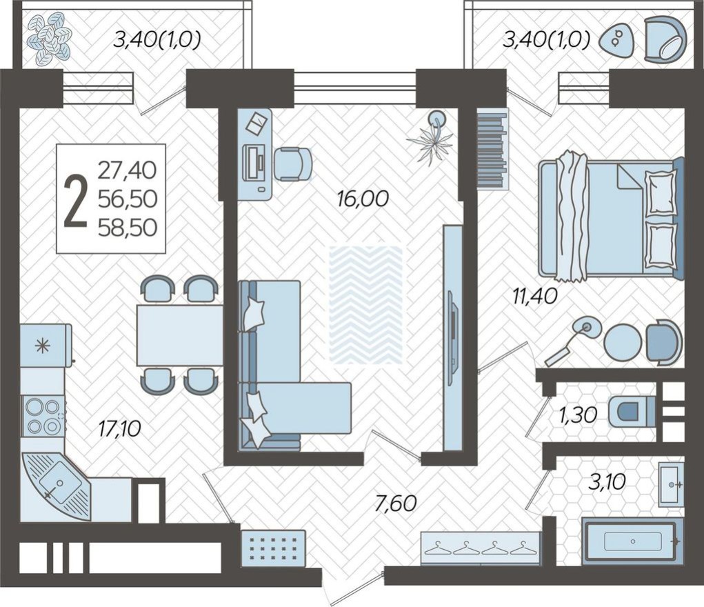 2к. квартира, 59.7 м²
