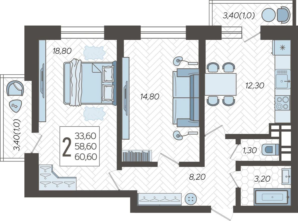 2к. квартира, 60.6 м²